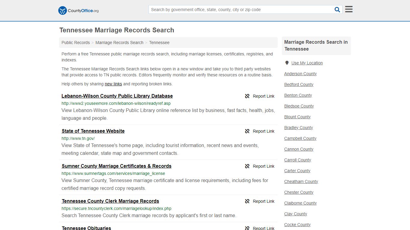 Tennessee Marriage Records Search - County Office